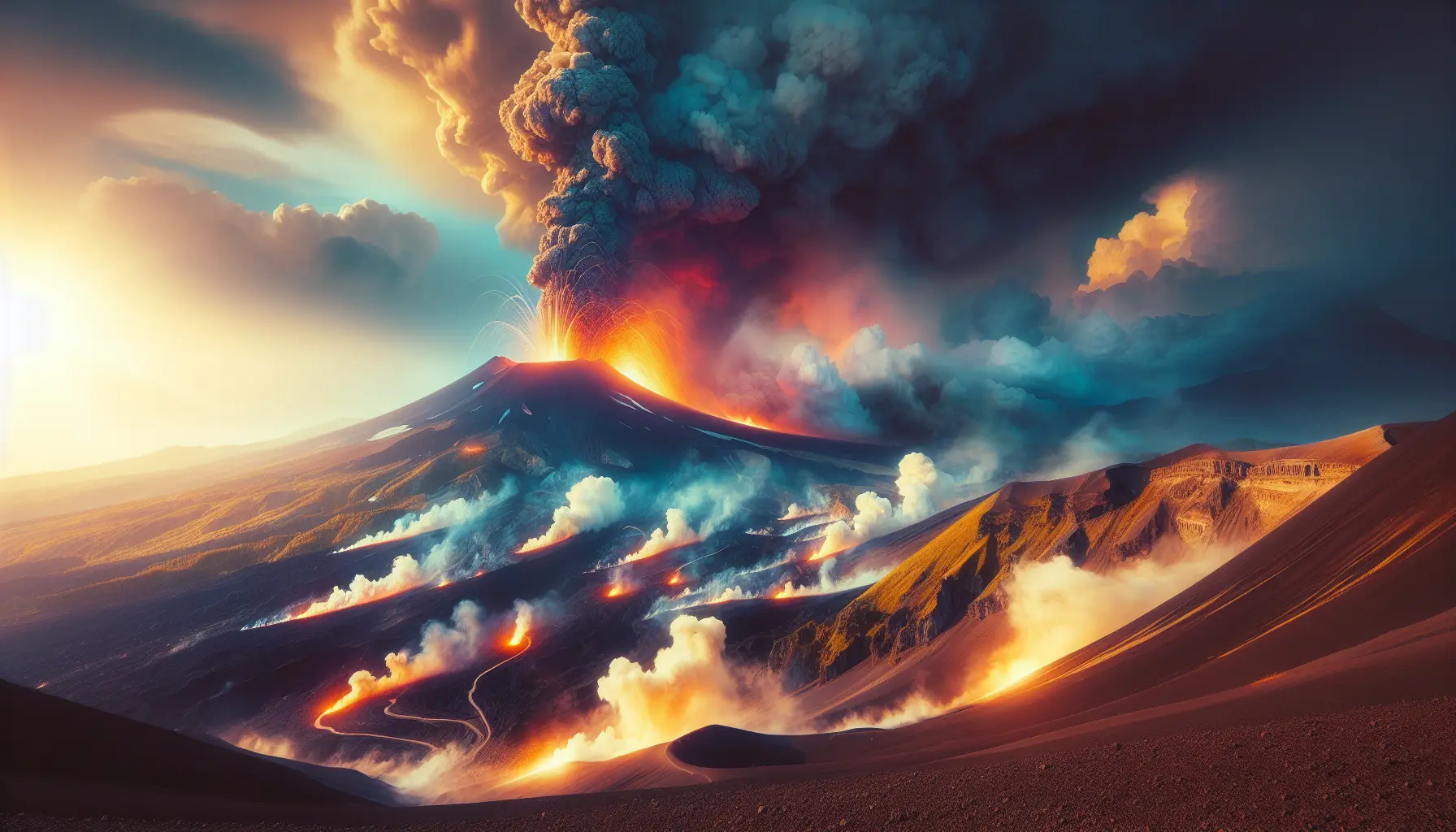 Panorama dell'Etna con eruzioni di lava e paesaggi circostanti