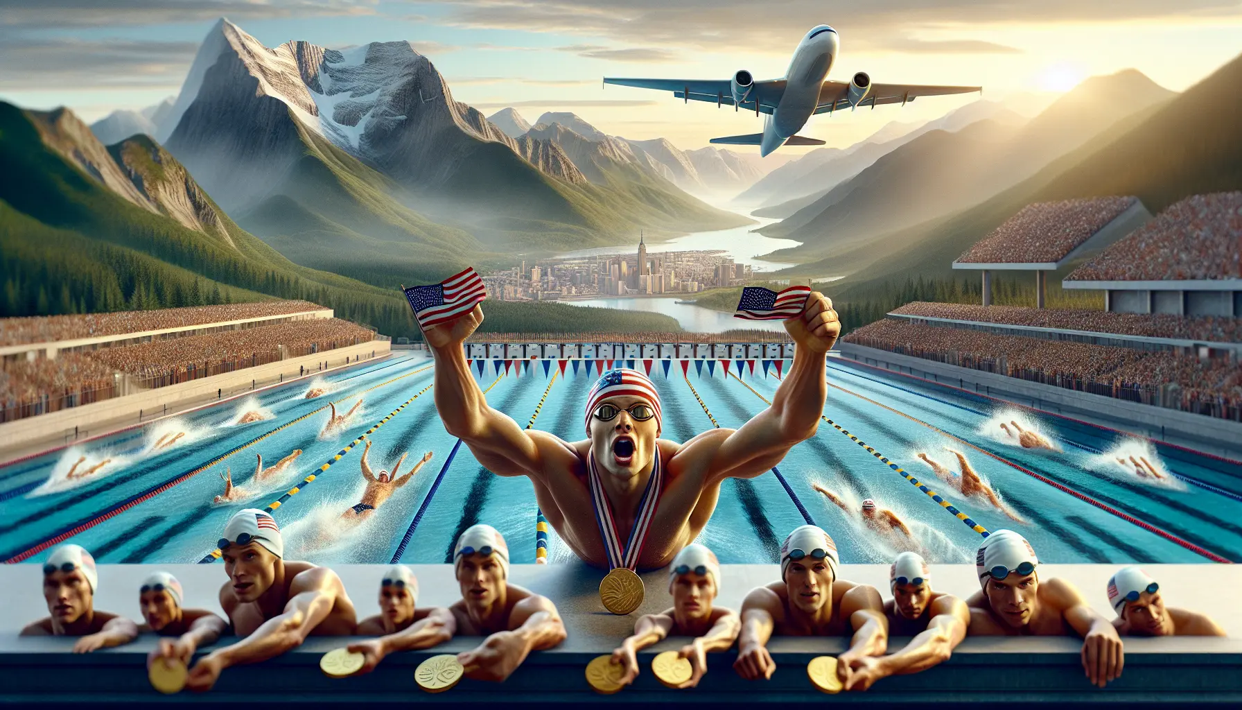 Mark Spitz mentre nuota, con il pubblico in visibilio e le medaglie d'oro in evidenza.