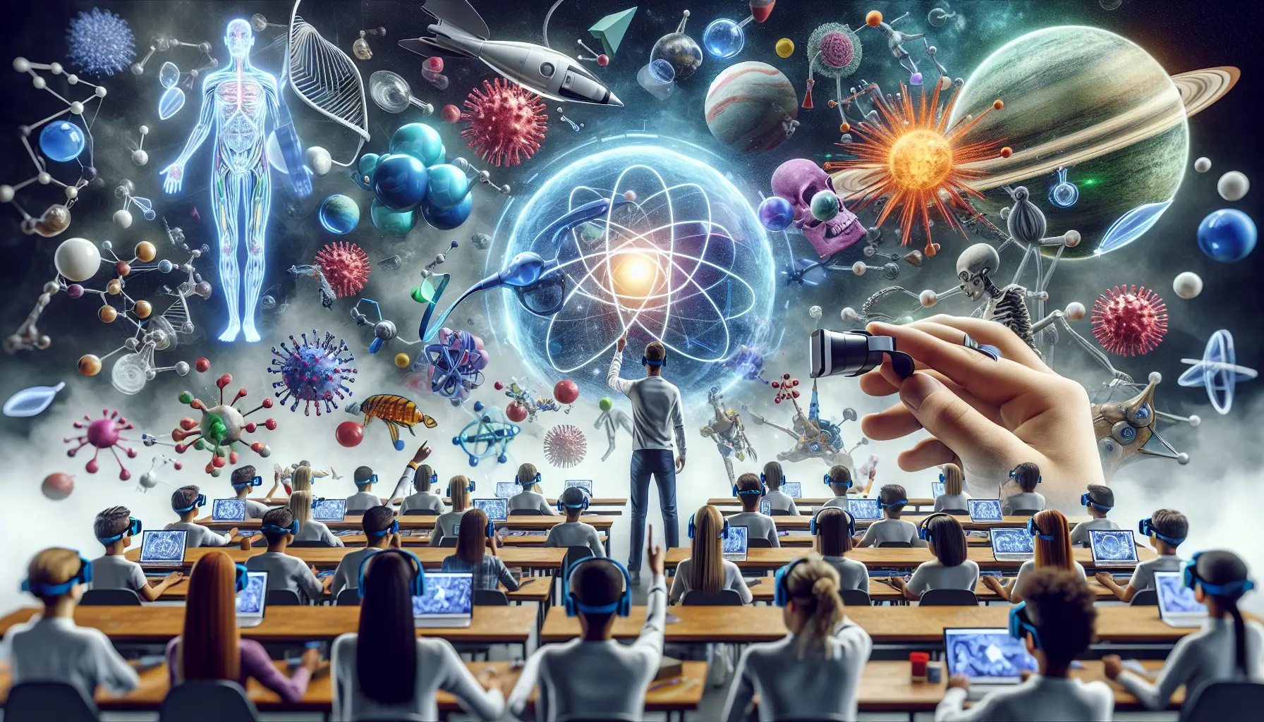 Studente che utilizza un dispositivo mobile per esplorare contenuti scientifici in realtà aumentata.