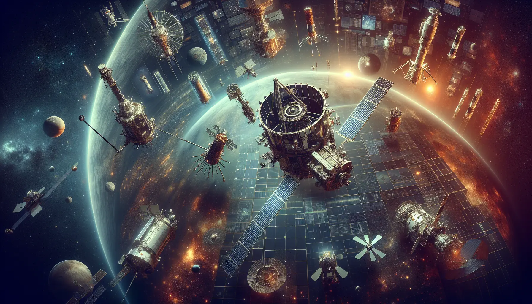 Sonda spaziale in viaggio nell'universo, con pianeti e stelle sullo sfondo.