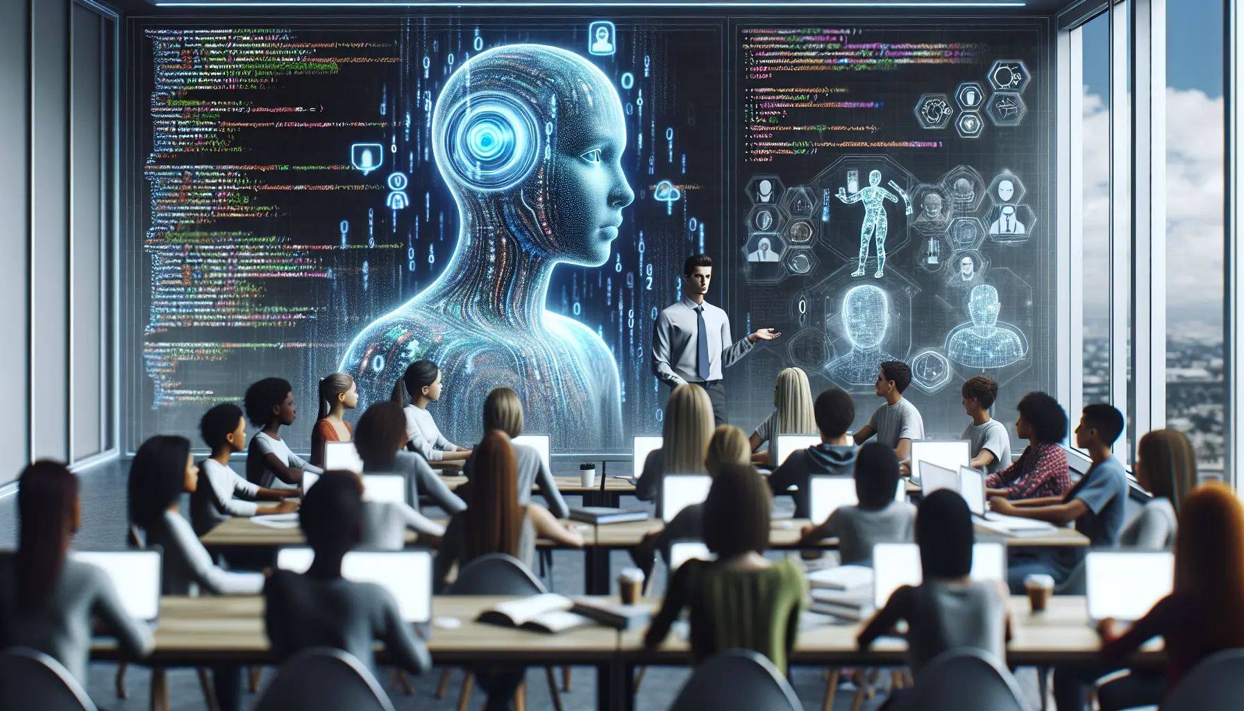 Un tutor virtuale che interagisce con studenti in un ambiente di apprendimento digitale.