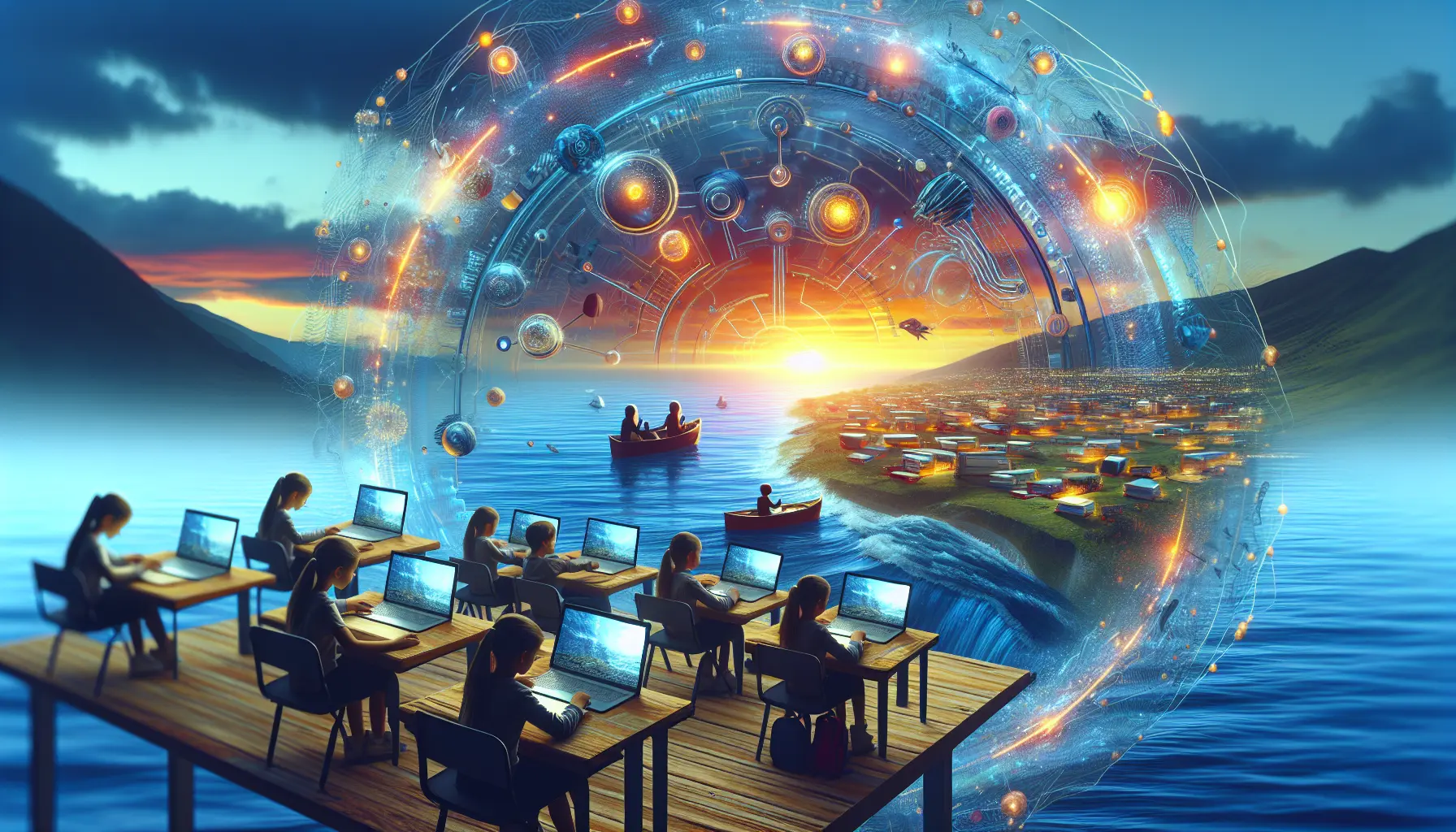 Un'aula del futuro con tecnologia avanzata e studenti interattivi