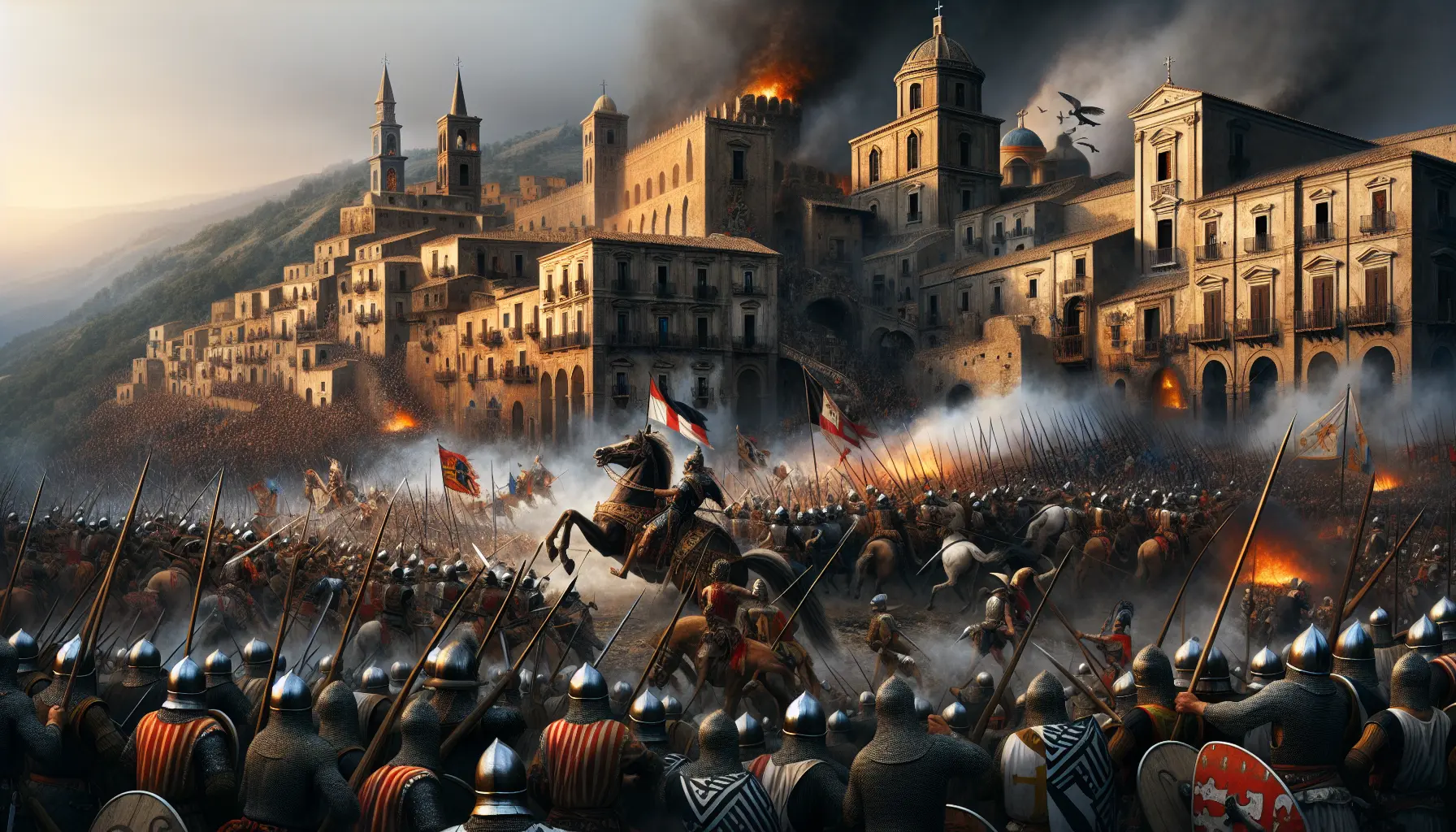Rappresentazione artistica della battaglia di Tagliacozzo, con soldati in armatura e bandiere sventolanti sul campo di battaglia.