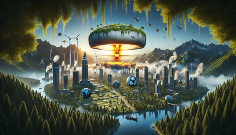 Un'immagine che rappresenta la devastazione causata da una bomba atomica, con edifici distrutti e un cielo scuro e nuvoloso.