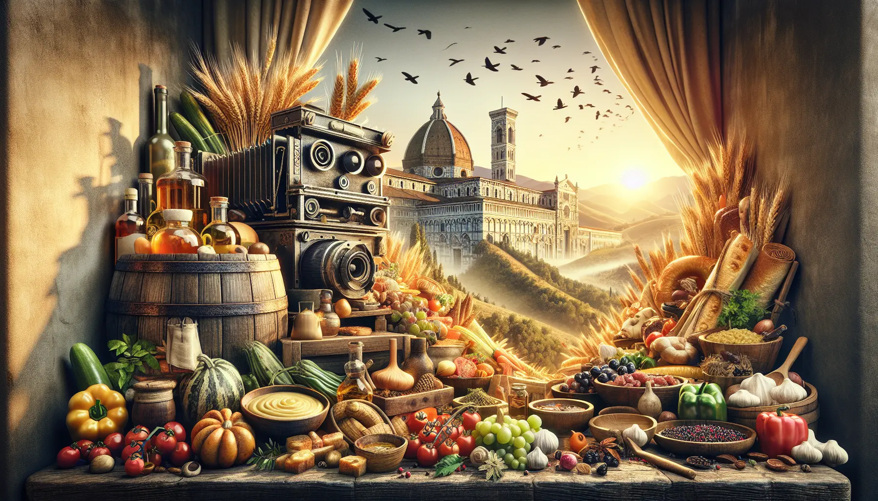 Immagine evocativa di piatti tradizionali preparati con ingredienti freschi e colorati, rappresentando la fusione tra storia e innovazione culinaria.