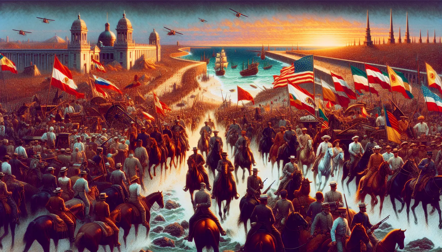 Rappresentazione della guerra ispano-americana, con soldati americani e spagnoli in azione.