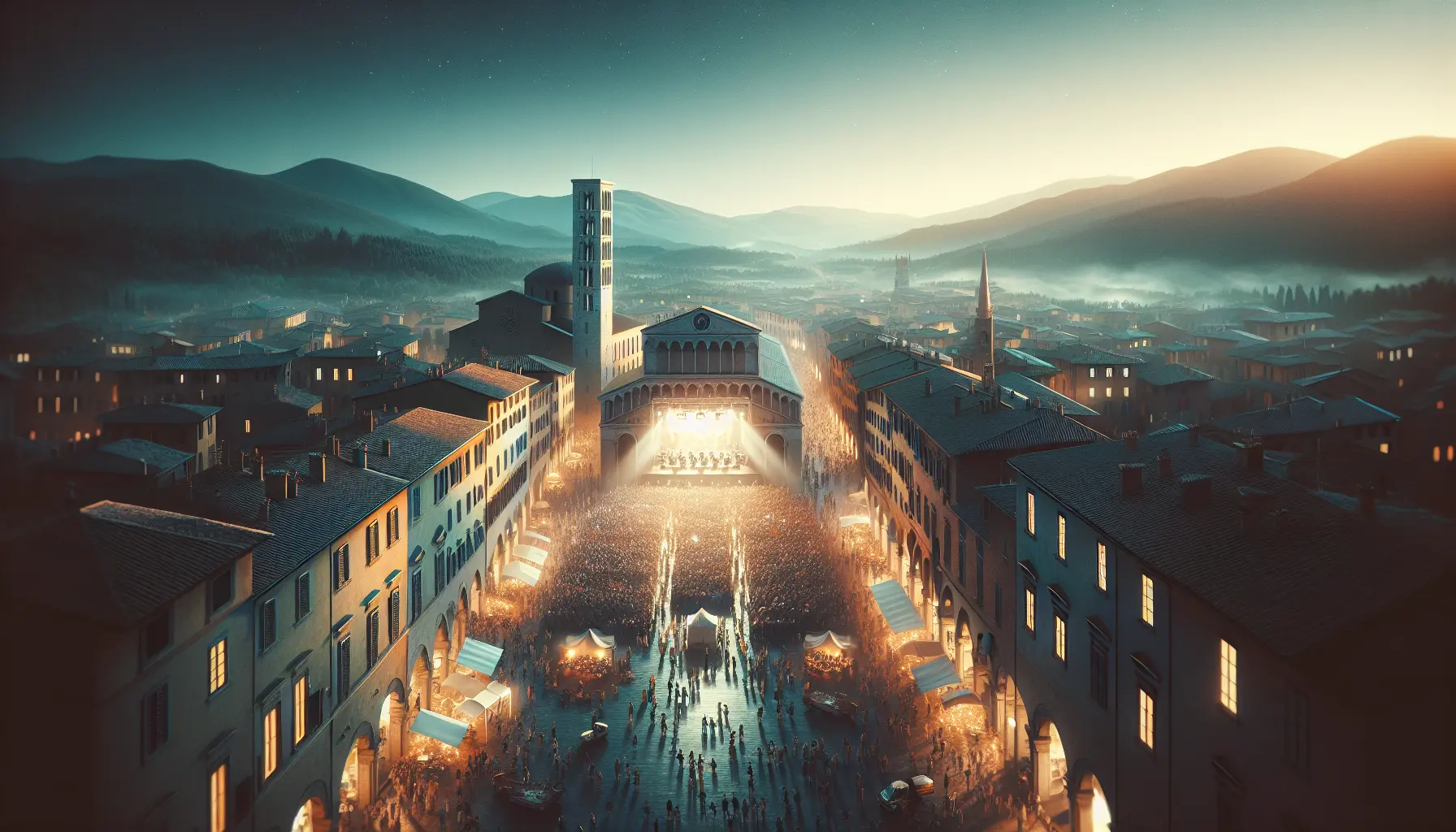 Vista notturna di Lucca durante la Notte Bianca, con luci e persone che si godono eventi musicali e artistici.