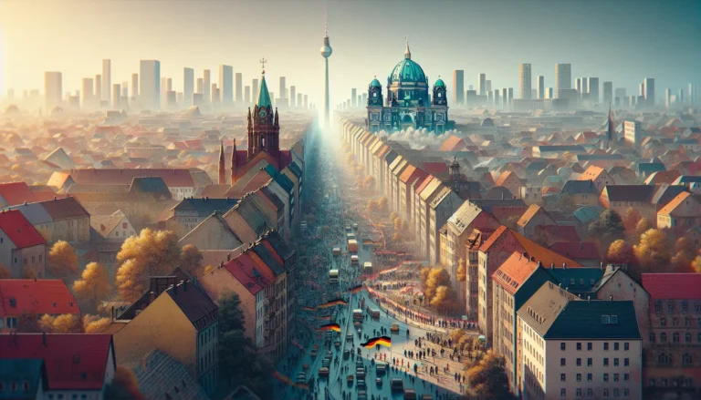 Un'immagine storica che rappresenta la vita quotidiana nella Repubblica Democratica Tedesca, con riferimenti a cultura e tradizioni.