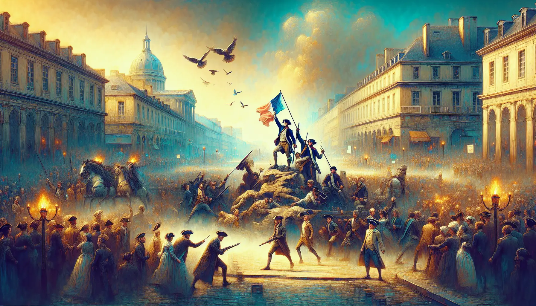 Una rappresentazione artistica della Rivoluzione Francese, con la folla in piazza e simboli di libertà.