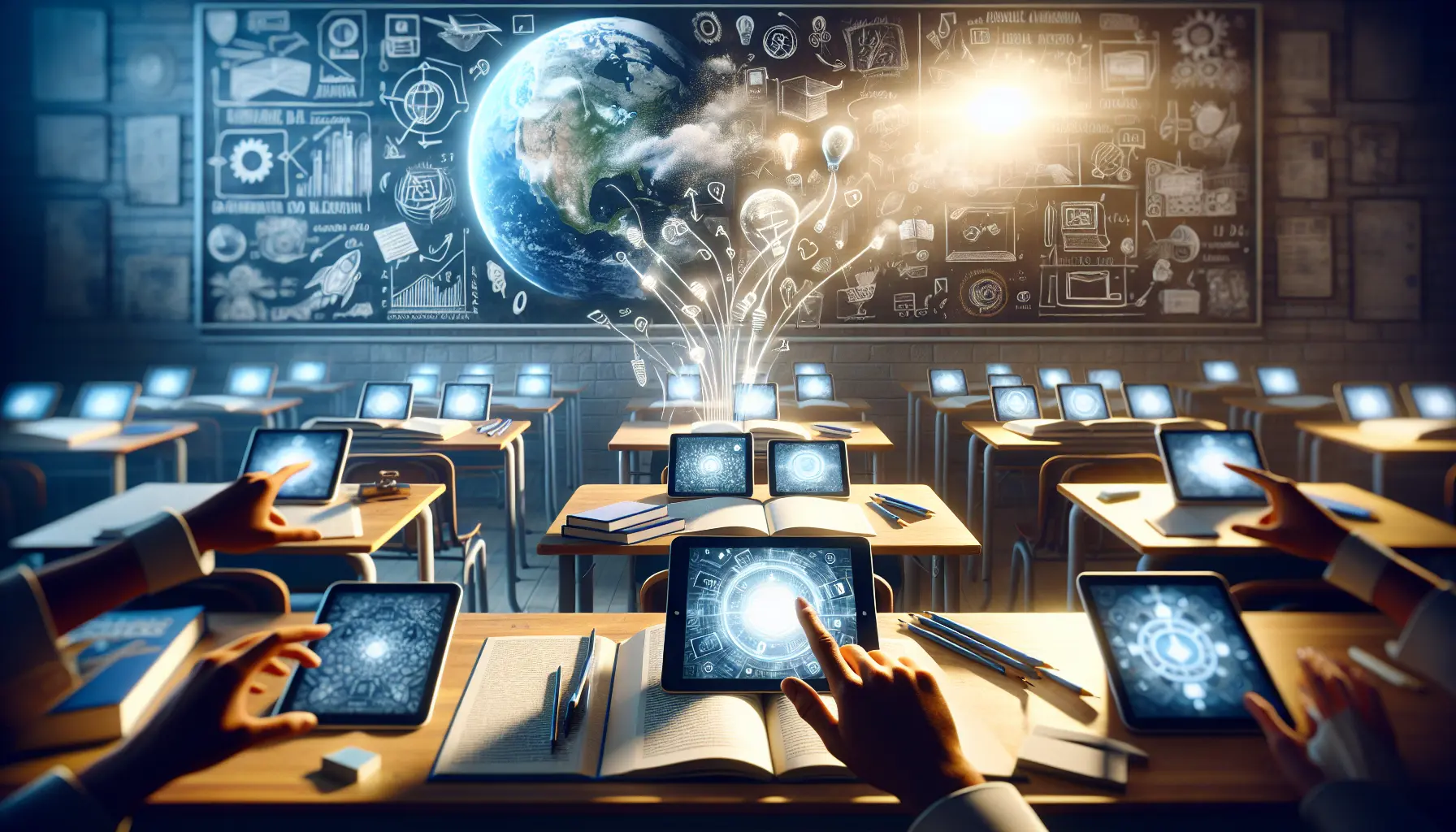 Studenti che utilizzano e-book interattivi in aula, coinvolti in attività di apprendimento dinamico.