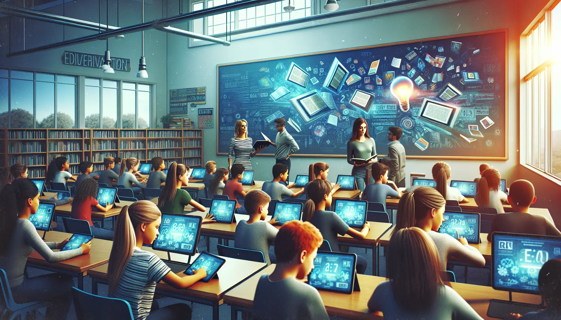 Studente che utilizza un e-book interattivo in classe, circondato da elementi multimediali e interattivi.
