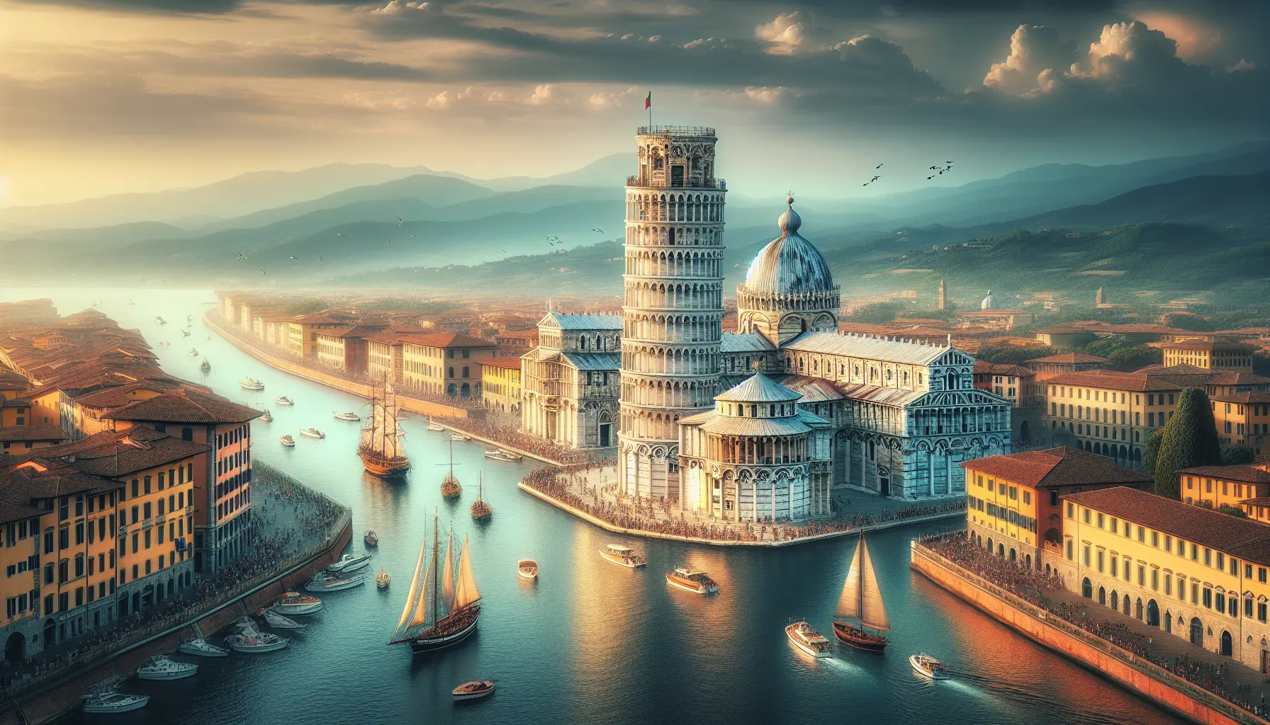 Vista panoramica della Torre Pendente di Pisa e del Duomo, simboli della storia marittima e culturale della Repubblica di Pisa.