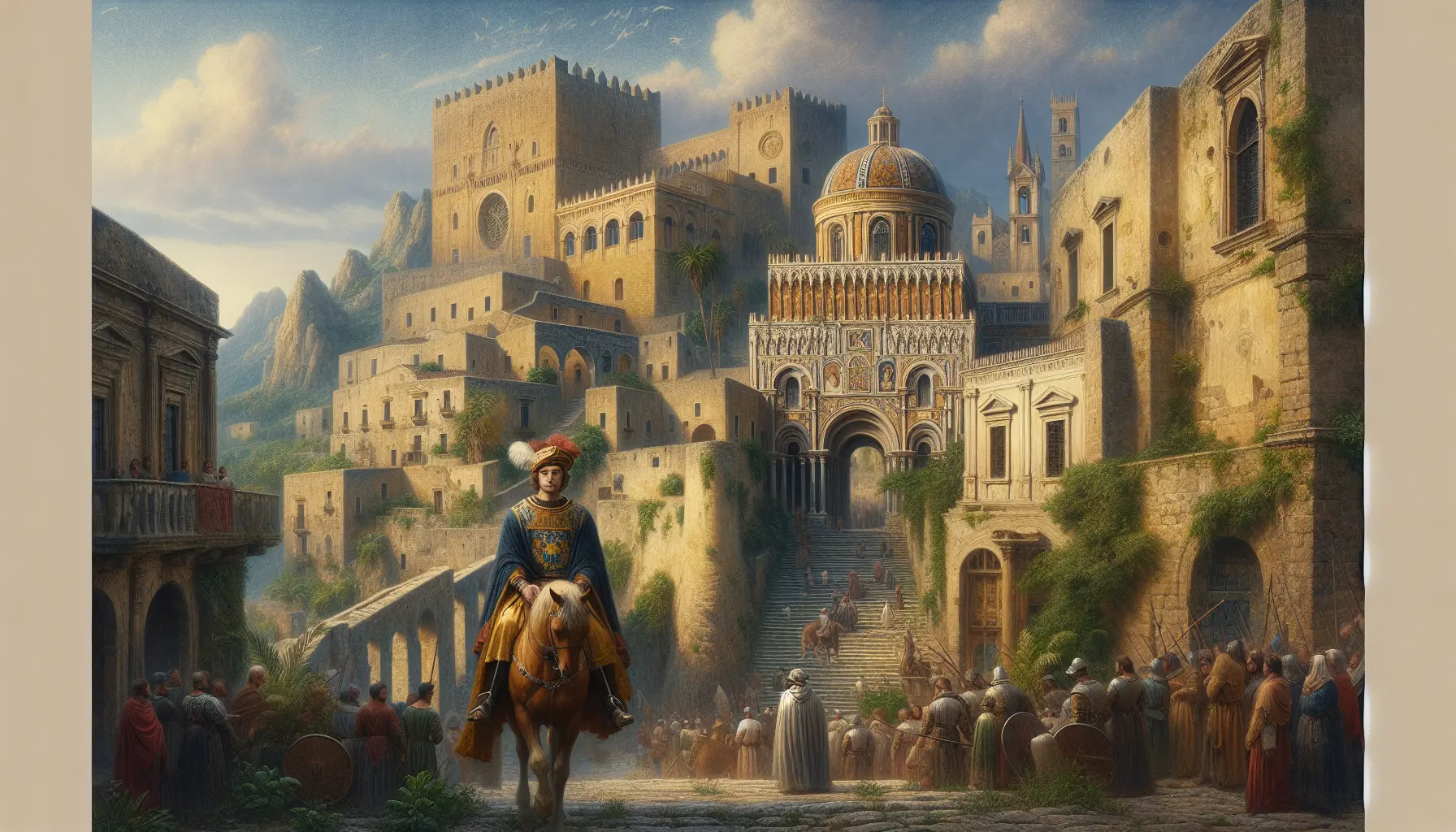 Ritratto di Manfredi di Hohenstaufen, ultimo sovrano di Sicilia, in un contesto medievale.