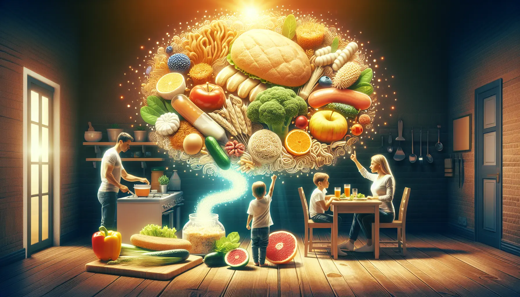 Un assortimento di alimenti freschi e fermentati, simbolo di una dieta sana e nutriente per il microbioma.