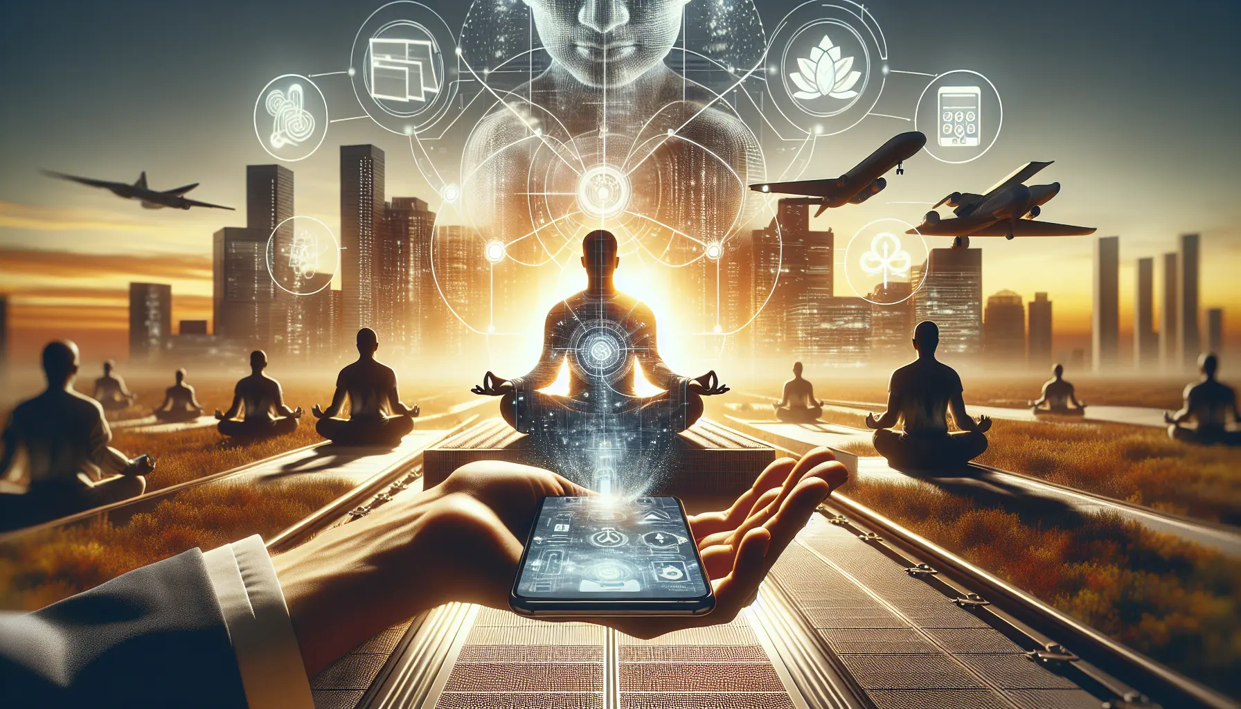 Un utente che utilizza un'app di meditazione in un ambiente sereno, circondato da piante e candele, mentre ascolta suoni rilassanti.