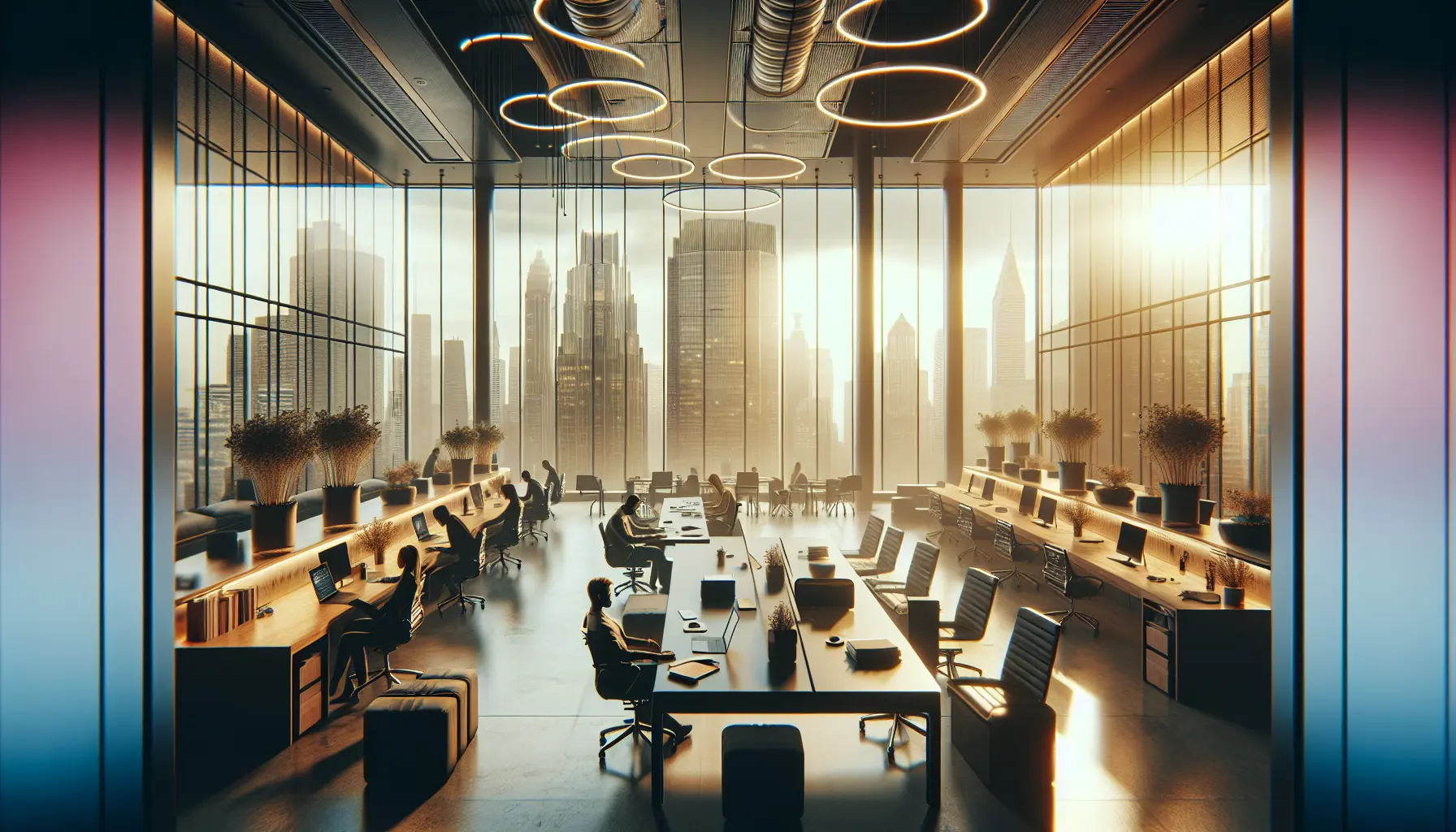 Un moderno spazio di coworking con scrivanie condivise e aree di lavoro collaborative.