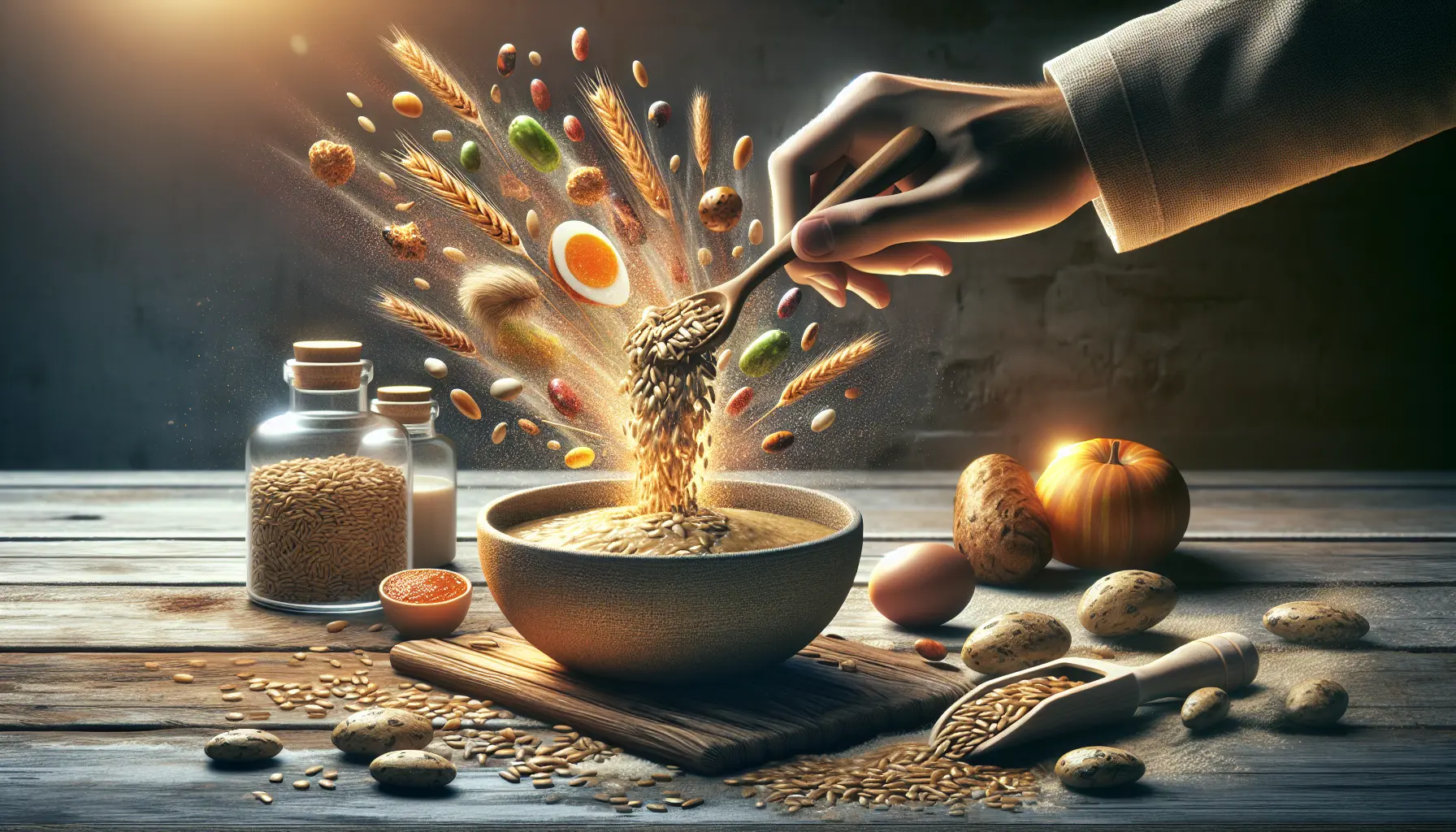 Un assortimento di grani antichi come farro e kamut disposti in ciotole, pronti per essere utilizzati in ricette innovative.