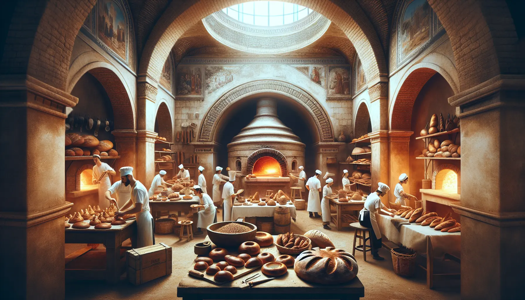 Una pagnotta di pane appena sfornato, con una crosta dorata e una mollica soffice, circondata da ingredienti freschi come farina e semi.