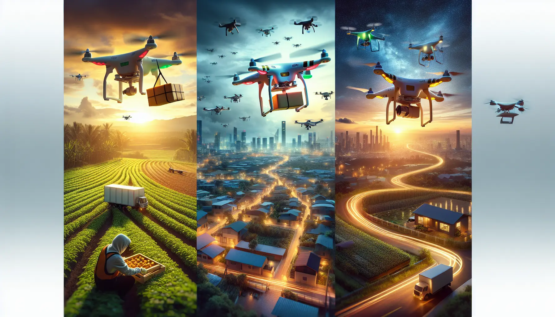 Un drone in volo sopra un paesaggio urbano, evidenziando le sue applicazioni in vari settori.