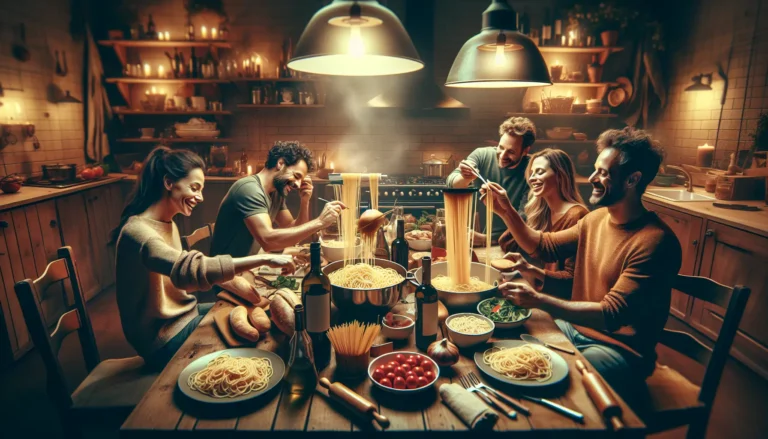 Un piatto di spaghetti con pomodorini freschi, aglio e peperoncino, pronto per essere condiviso tra amici.