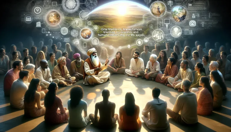 Un gruppo di persone sedute attorno a un fuoco mentre ascoltano storie raccontate in modo tradizionale.