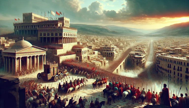 Una rappresentazione artistica dell'assedio di Alessandria, con soldati romani e la città sullo sfondo.