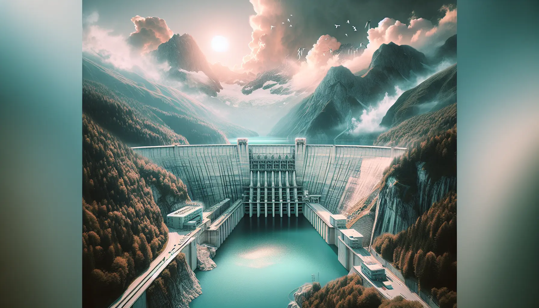 Una diga moderna che incanala acqua in un bacino, con un paesaggio naturale circostante che evidenzia l'equilibrio tra ingegneria e ambiente.