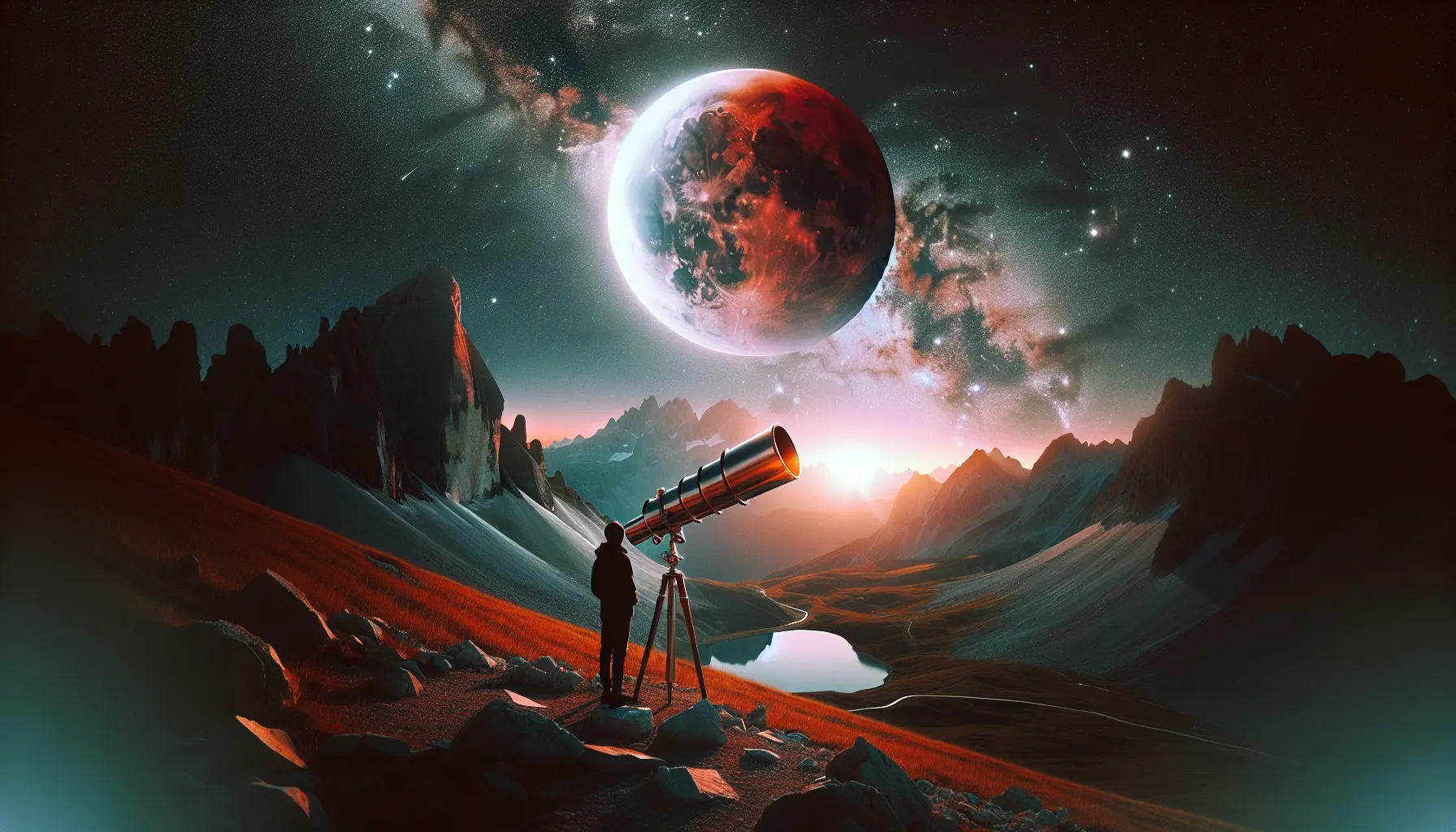 Un'eclissi lunare che illumina il cielo notturno, con la Luna che appare rossa mentre è oscurata dalla Terra.