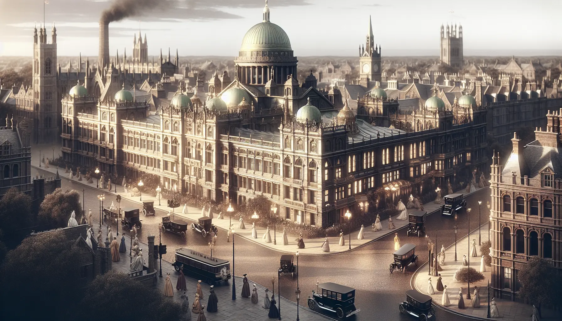 Ritratto della Regina Vittoria con elementi simbolici dell'era vittoriana, come libri, arte e tradizioni natalizie.