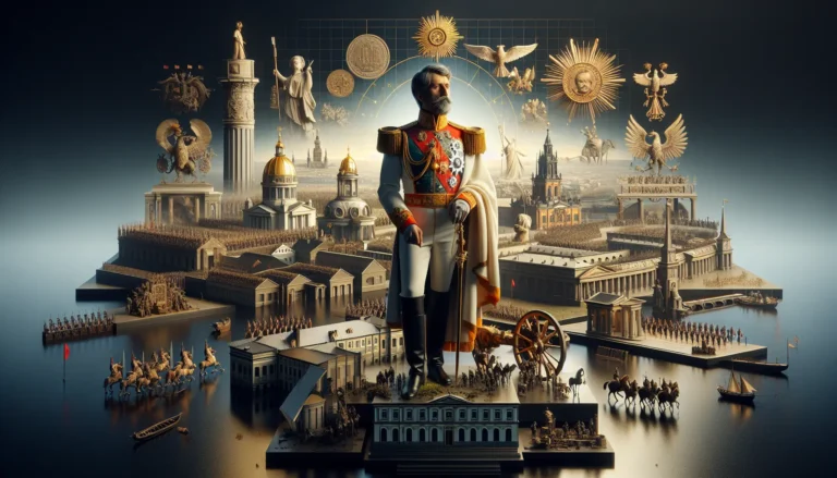 Ritratto di Federico II di Prussia, noto come Federico il Grande, in abiti regali, con uno sfondo di paesaggi prussiani.