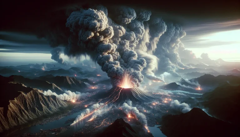 Immagine che rappresenta l'eruzione del vulcano Krakatoa con nuvole di cenere e lava.