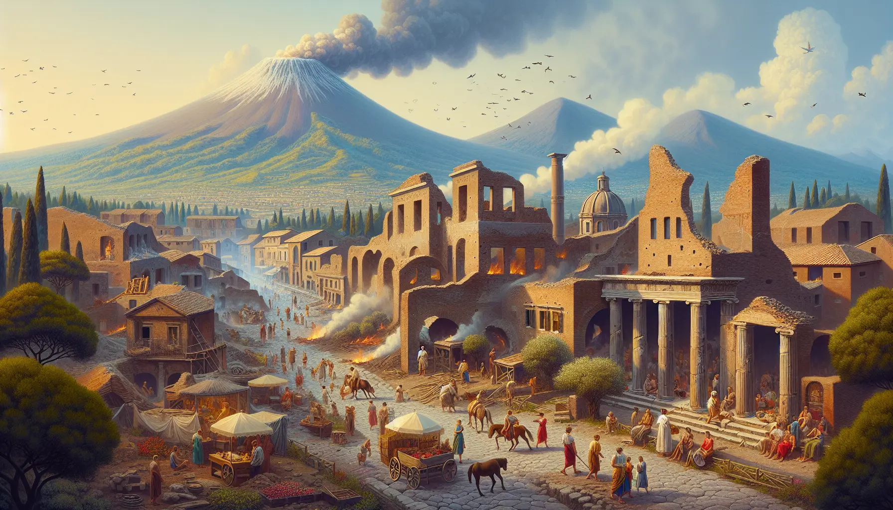 Vista panoramica del Vesuvio con Pompei in primo piano, rappresentando la bellezza e la storia di un'area segnata da un'eruzione storica.