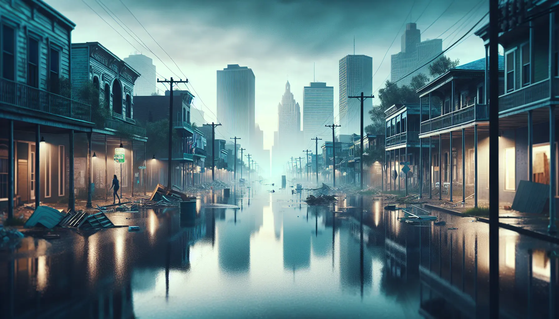 Immagine di New Orleans dopo l'uragano Katrina, che mostra la ricostruzione e la resilienza della comunità.