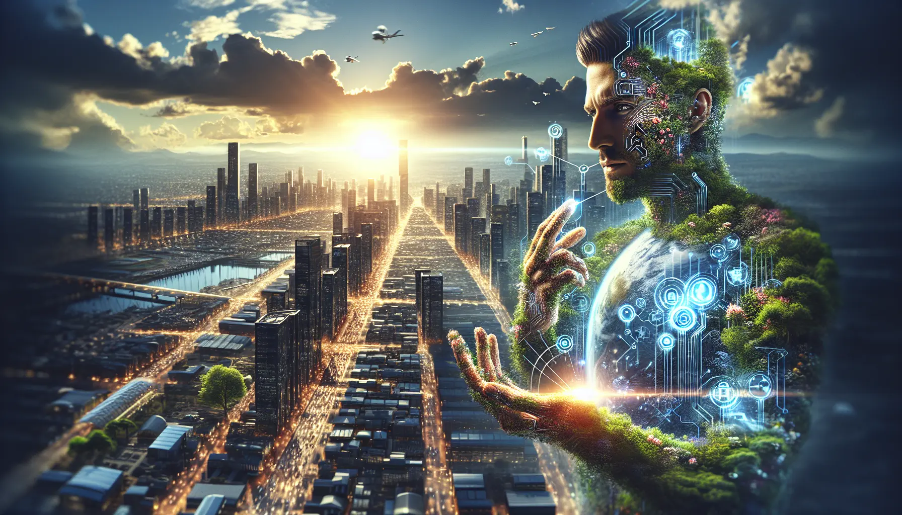 Un'immagine che rappresenta la tecnologia sostenibile, con dispositivi elettronici e simboli ecologici.