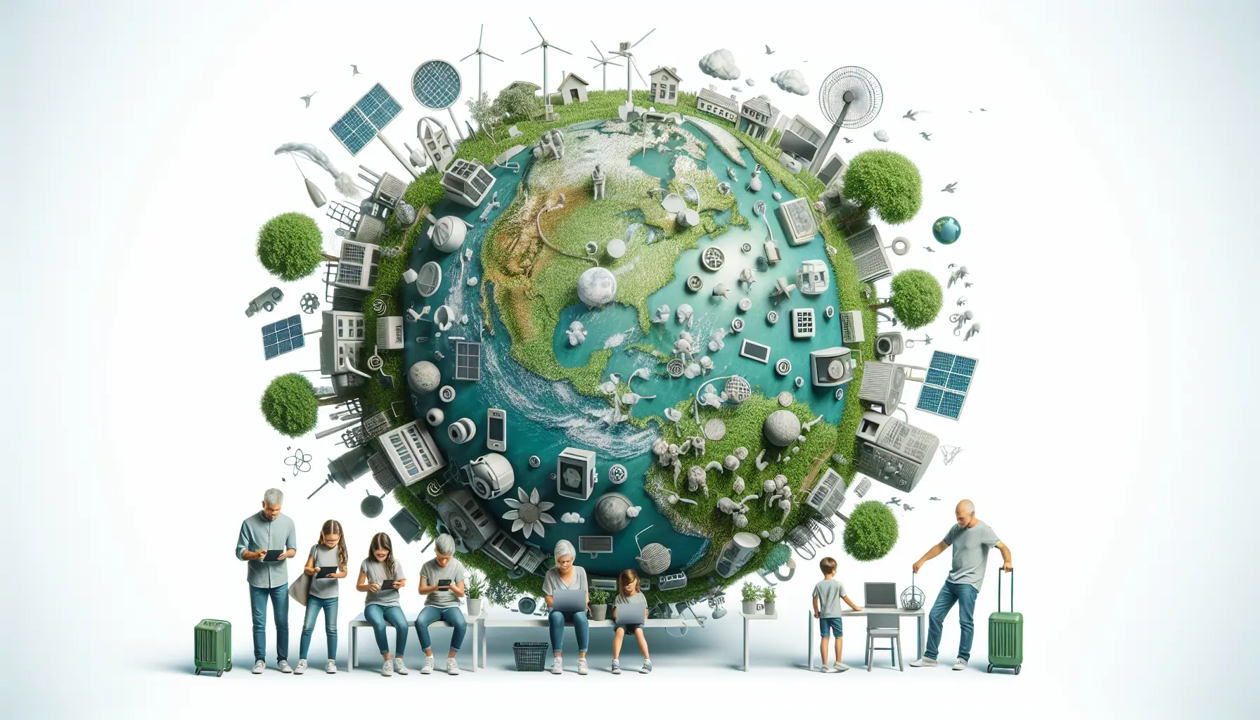 Una famiglia impegnata in attività digitali sostenibili, con dispositivi eco-friendly e pratiche per ridurre l'impatto ambientale.