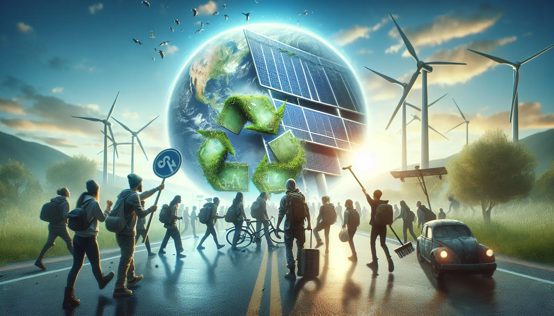 Un gruppo di giovani attivisti discute strategie per ridurre l'impatto ambientale della tecnologia, circondati da pannelli solari e dispositivi elettronici.