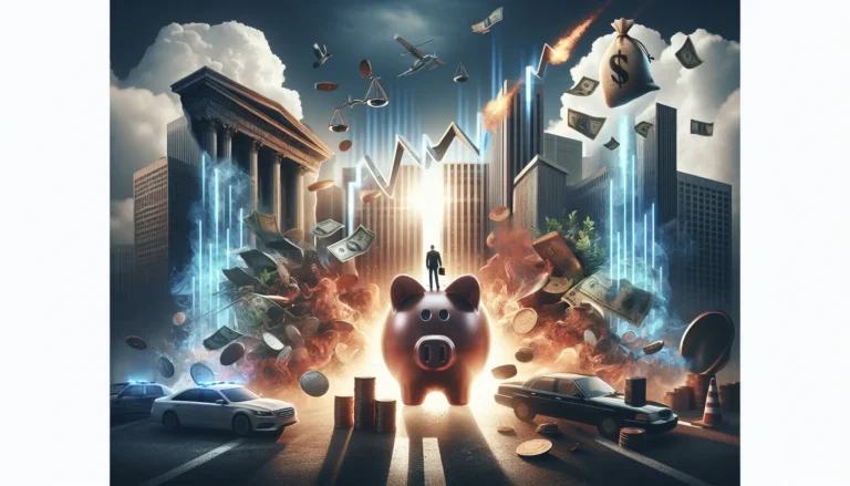 Grafico che rappresenta l'andamento dell'inflazione e il valore dei risparmi nel tempo, con simboli finanziari e una lente d'ingrandimento.