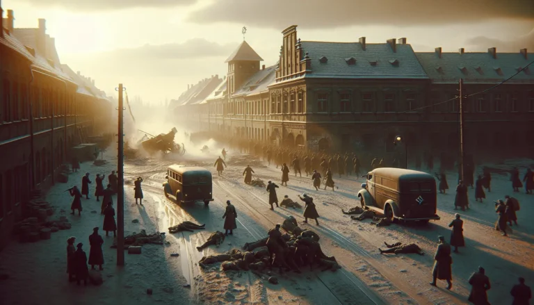 Rappresentazione storica dell'incidente di Gleiwitz, con soldati tedeschi in azione e il contesto della stazione radio.