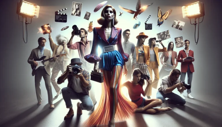 Un collage di immagini che rappresentano l'influenza della cultura popolare sulla moda, con icone di stile e tendenze emergenti.