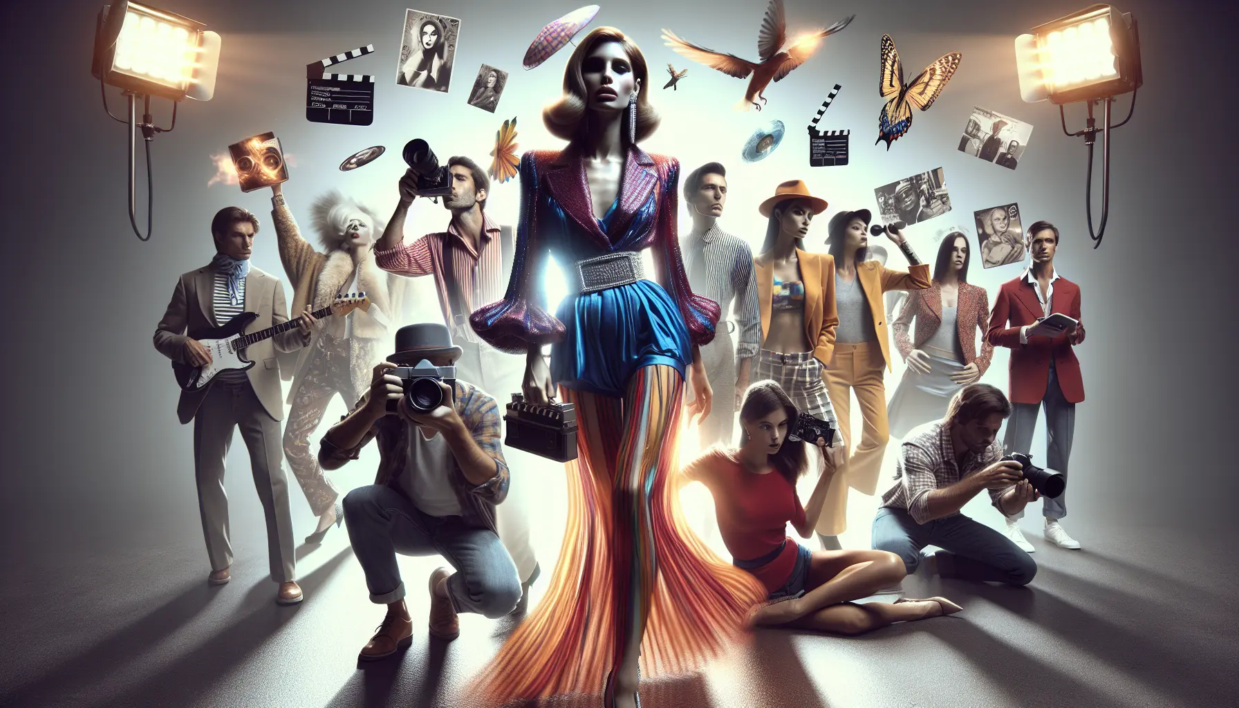 Un collage di immagini che rappresentano l'influenza della cultura popolare sulla moda, con icone di stile e tendenze emergenti.