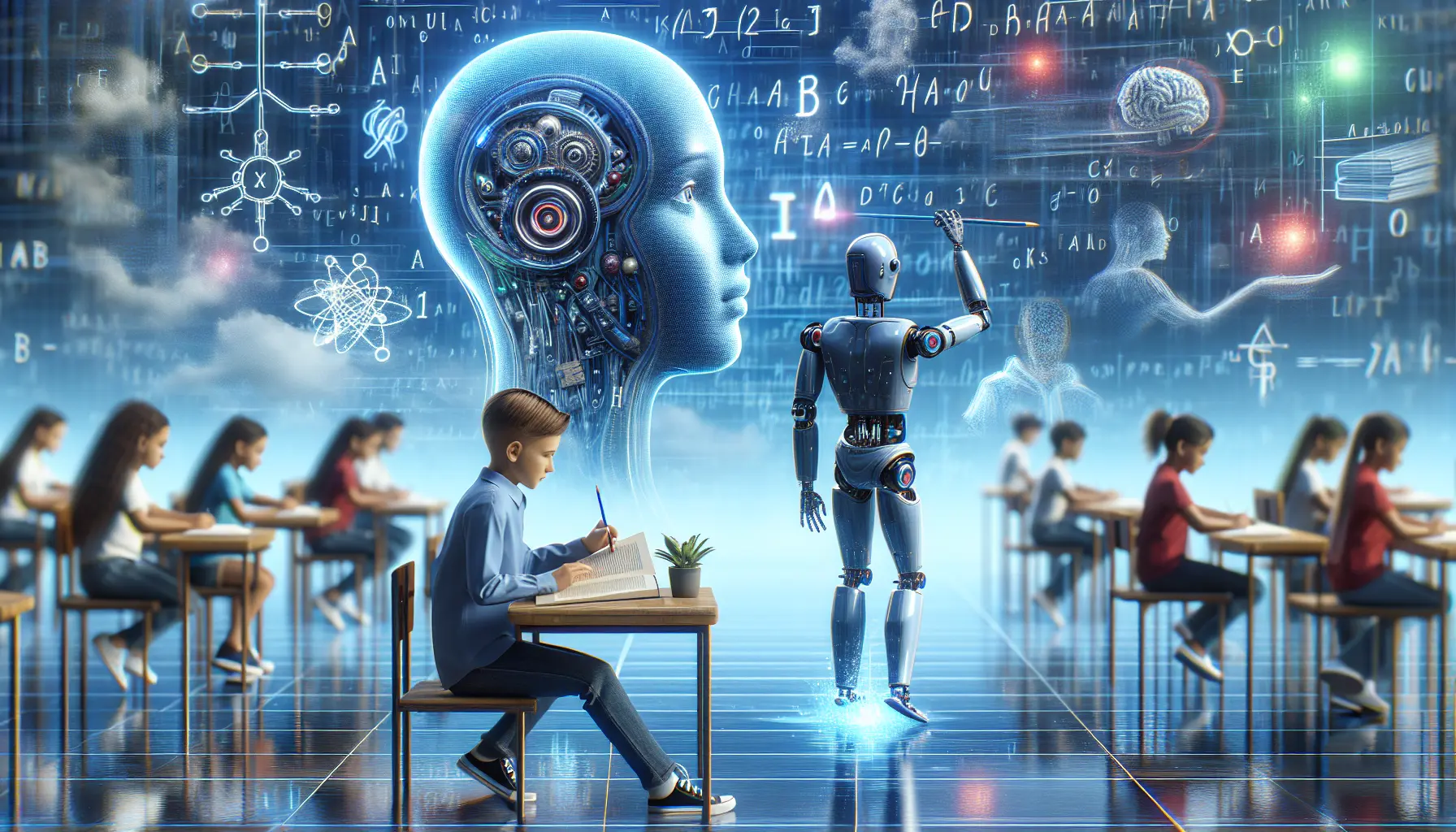 Un insegnante utilizza un tablet per interagire con studenti in un'aula moderna, evidenziando l'uso dell'intelligenza artificiale nell'educazione.