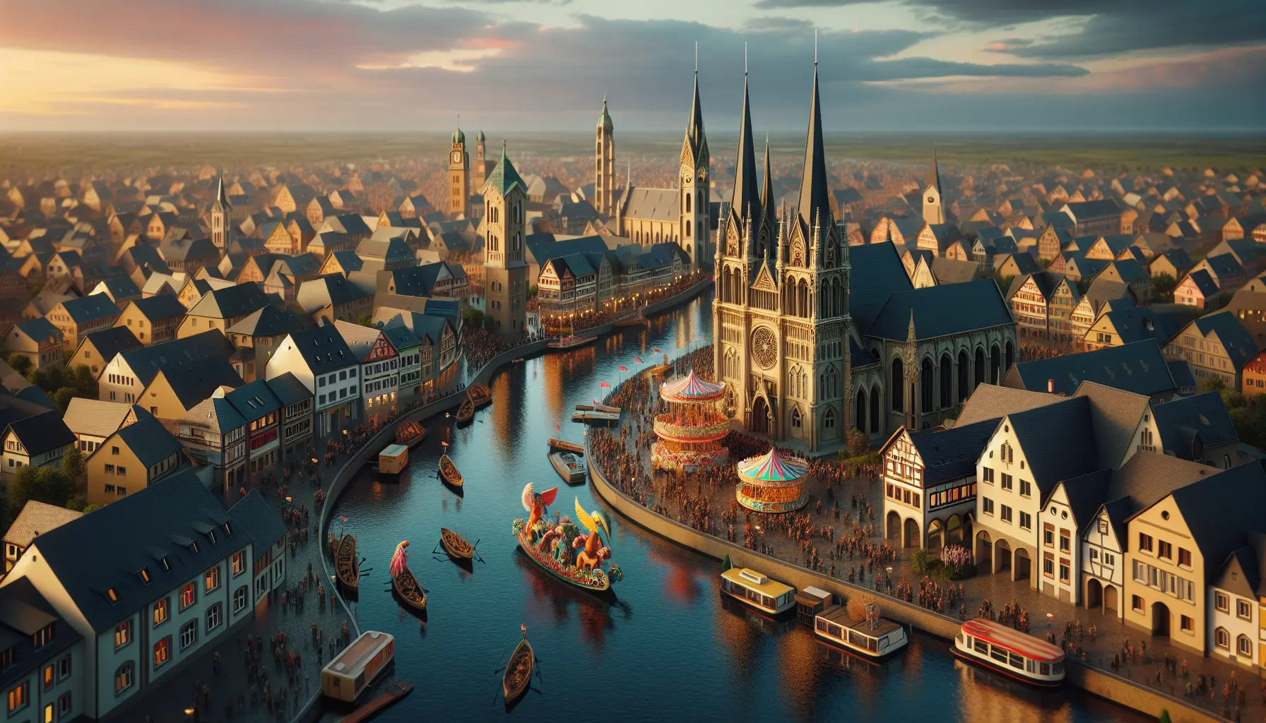 Vista panoramica di Magonza con il fiume Reno in primo piano e la cattedrale sullo sfondo.