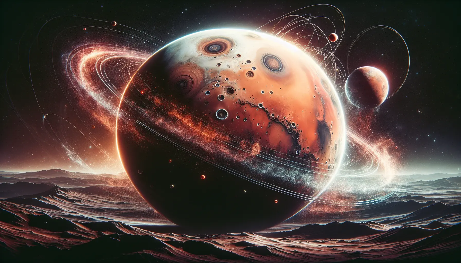Immagine di Marte con il suo caratteristico colore rosso e la superficie rocciosa, rappresentativa delle sue caratteristiche uniche.