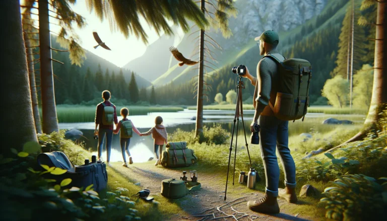 Famiglia che esplora la natura durante una micro-avventura, immersi in un paesaggio verde e sereno.