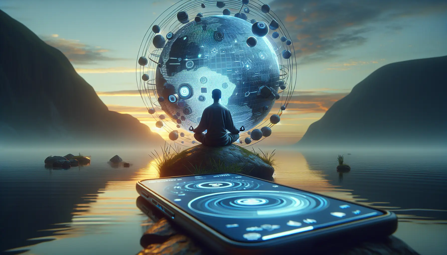 Un'immagine di una persona che medita utilizzando un'app di meditazione sul proprio smartphone, circondata da un ambiente sereno.