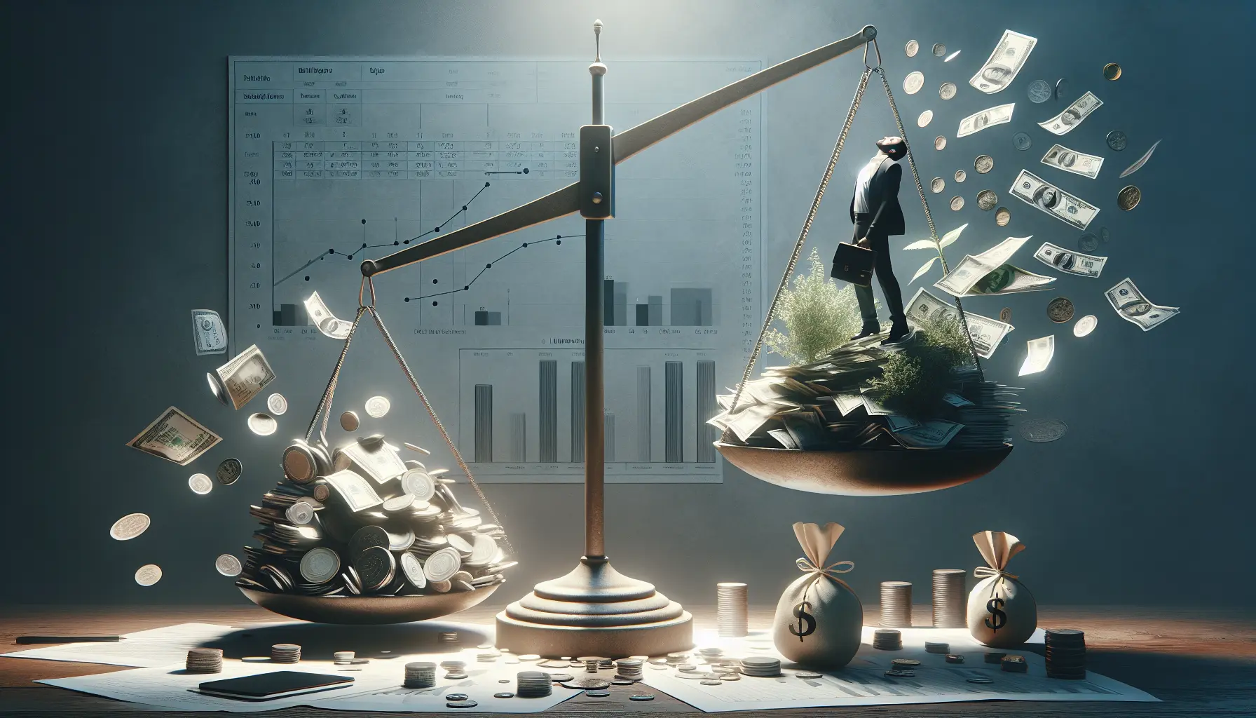 Un professionista che riflette sulle proprie finanze in un ambiente minimalista, circondato da pochi oggetti essenziali.