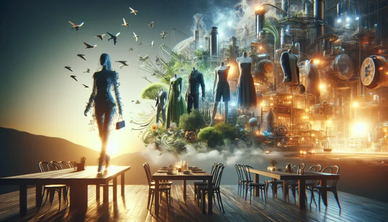 Un'immagine che rappresenta la moda sostenibile, con abbigliamento realizzato con materiali eco-friendly e pratiche di produzione etiche.