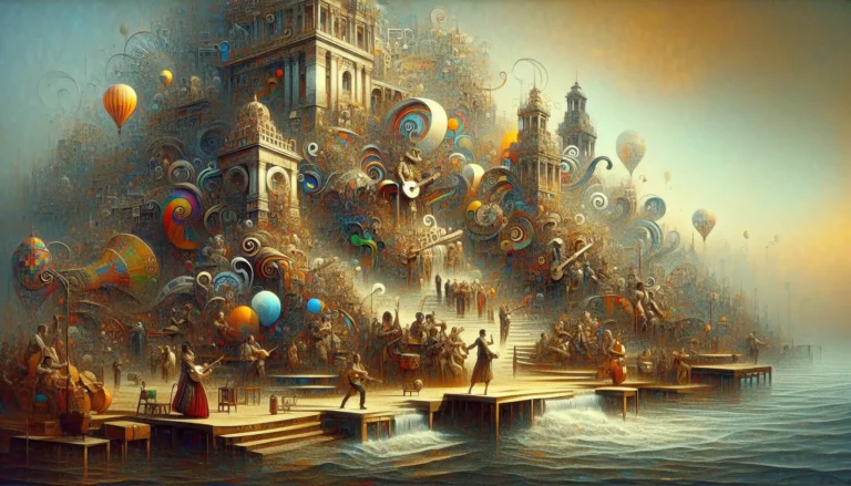 Un gruppo di musicisti che suonano strumenti tradizionali e moderni, simboleggiando l'unione tra musica folcloristica e contemporanea.