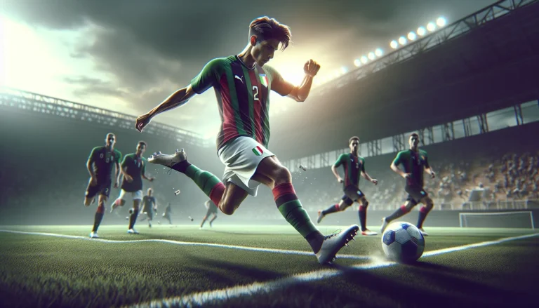 Nicholas Bonfanti in azione durante una partita di calcio, mostrando le sue abilità tecniche e la sua determinazione.