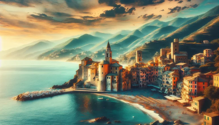 Vista panoramica di Noli con il mare e le colline sullo sfondo, evidenziando la bellezza del borgo e delle sue spiagge.